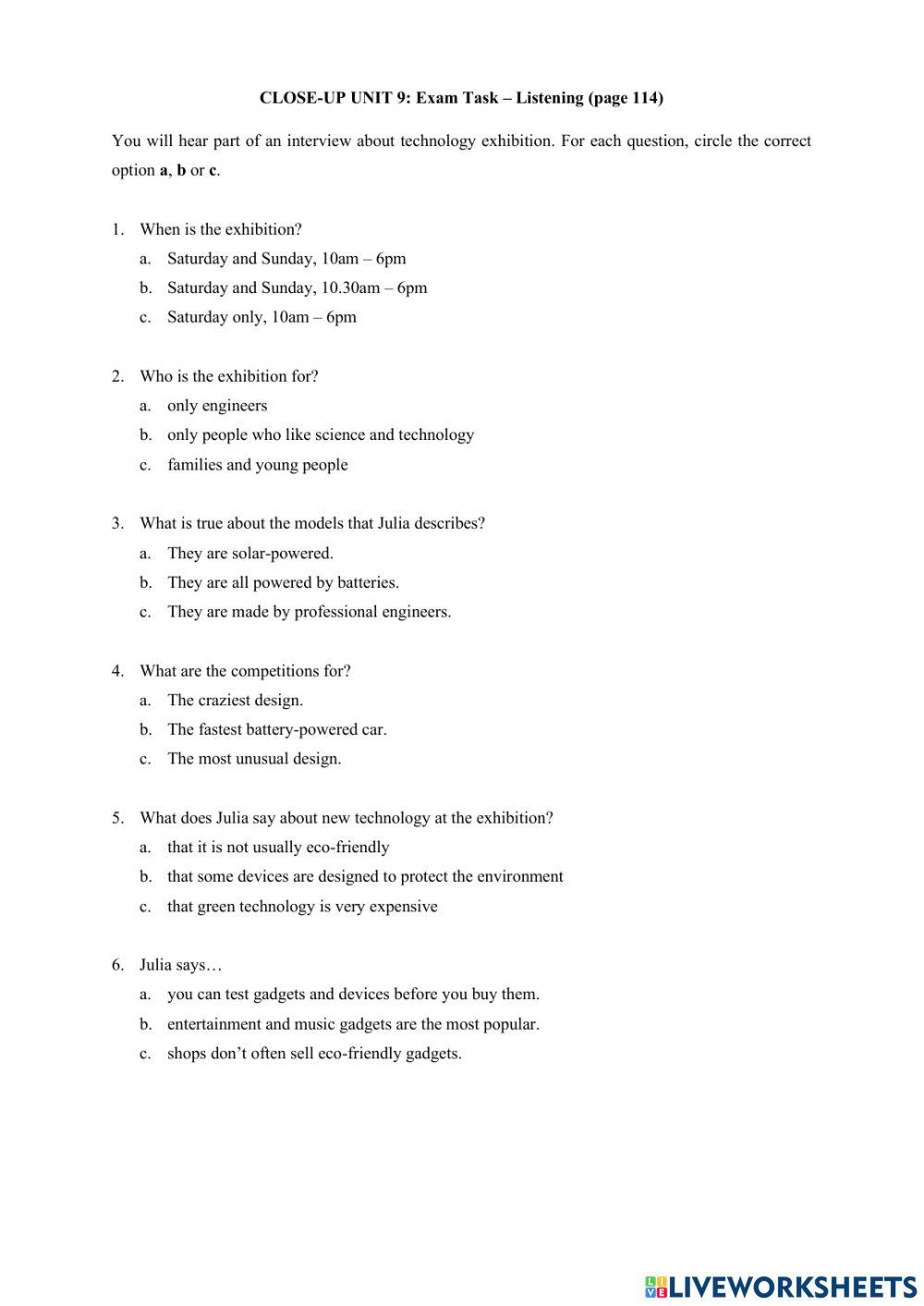 Close-Up Unit 9: Exam Task page 114