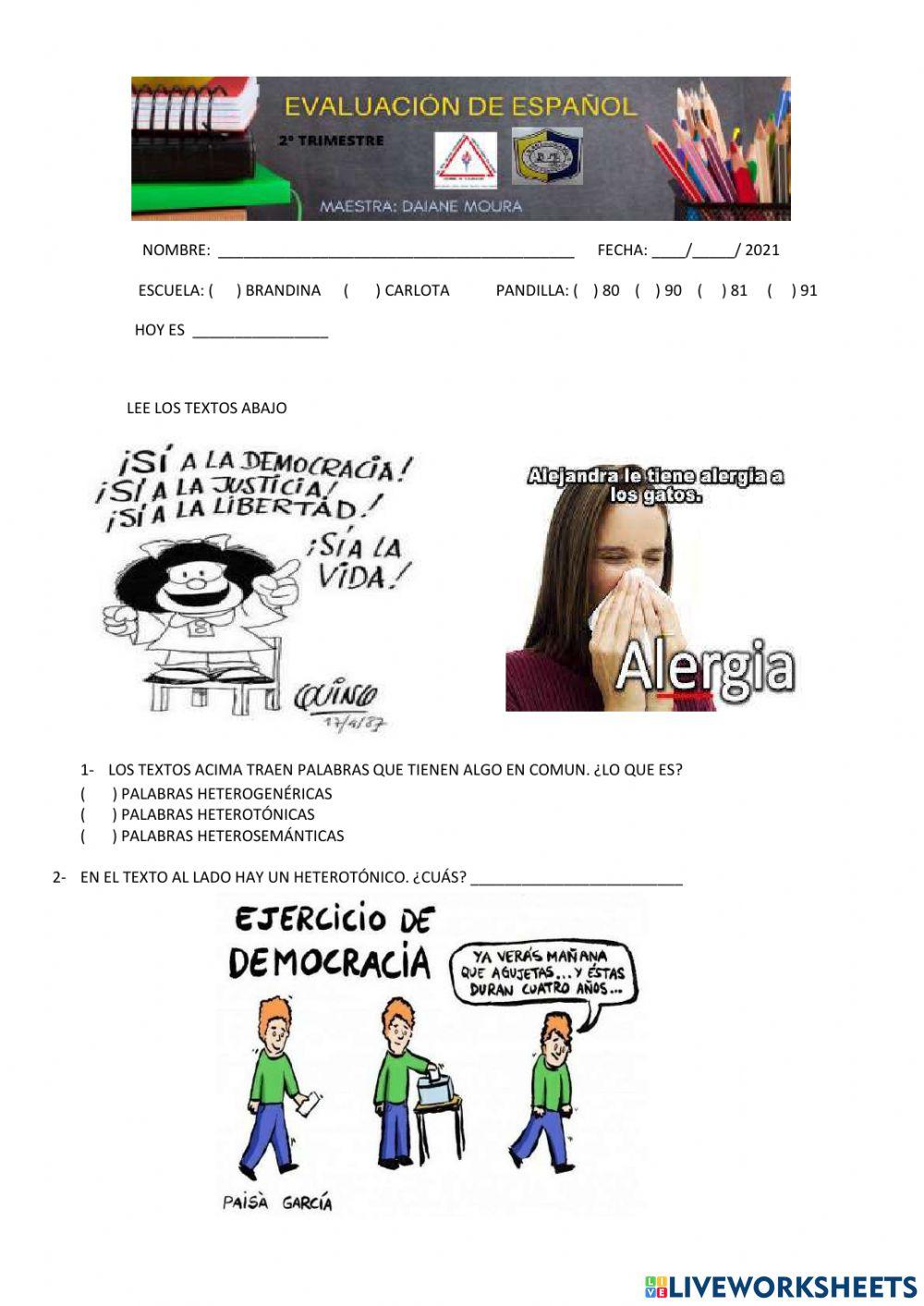 Evaluación español 2º trimestre 2021