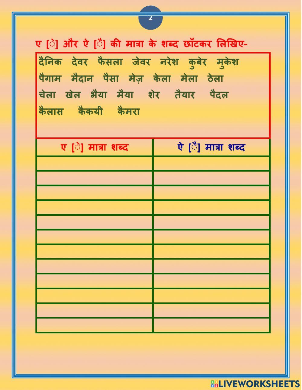 मात्रा ए  और ऐ