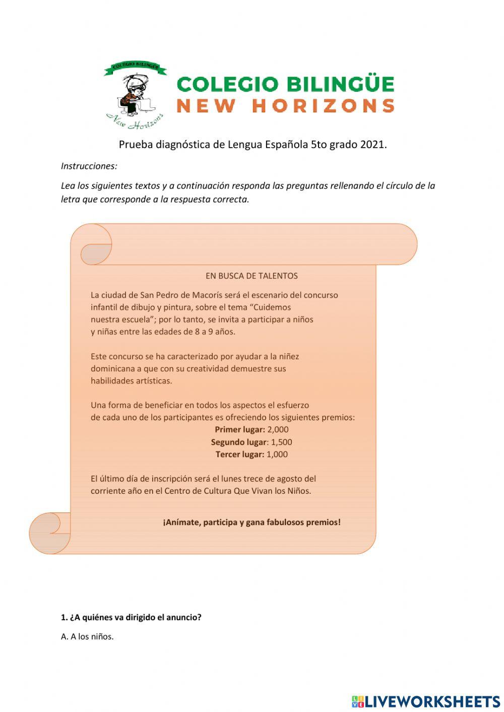Prueba diagnóstica Español 5to