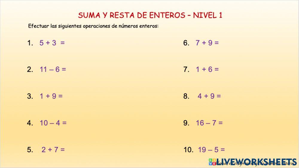 Suma y resta de enteros - Nivel 1