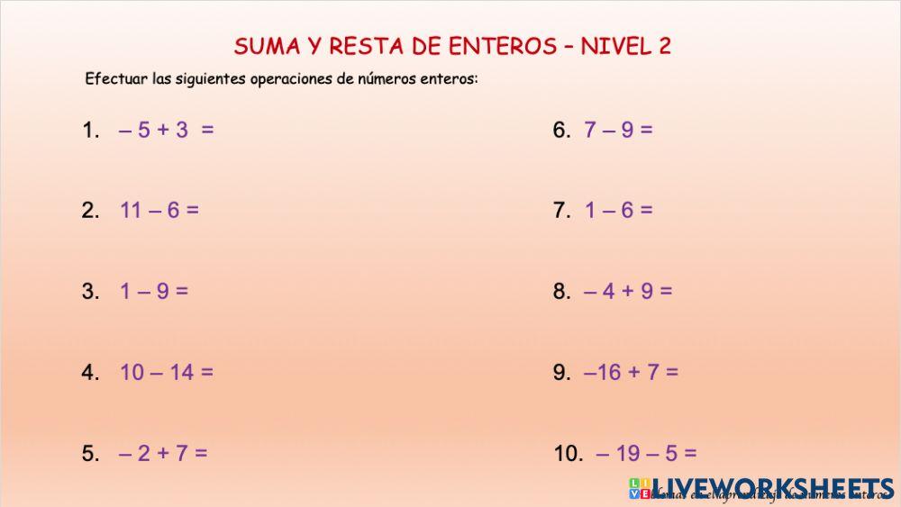 Suma y resta de enteros - Nivel 2