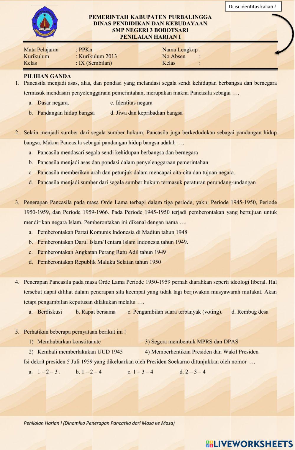 Ulangan harian 1 bab 1 ppkn