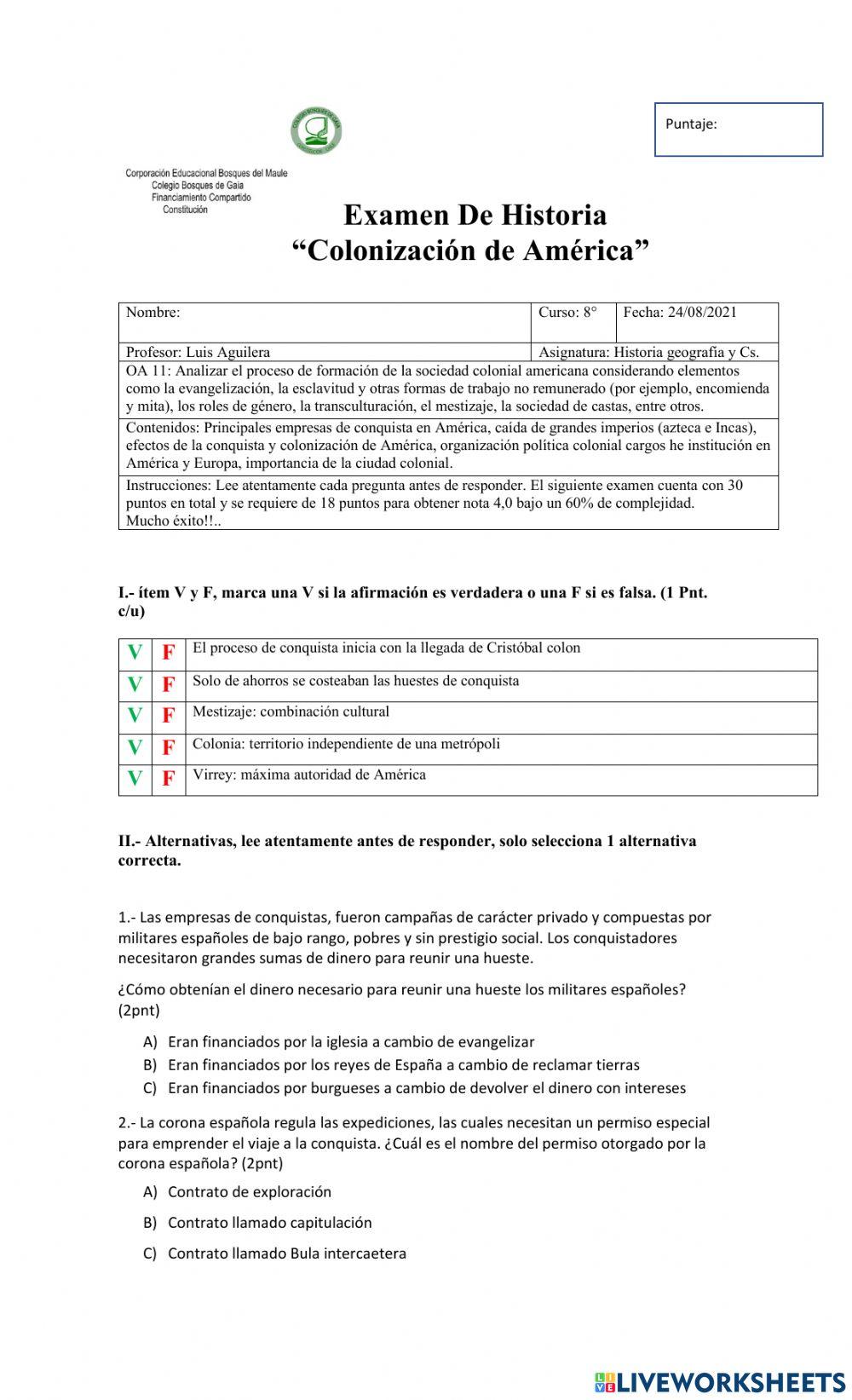 Examen colonización
