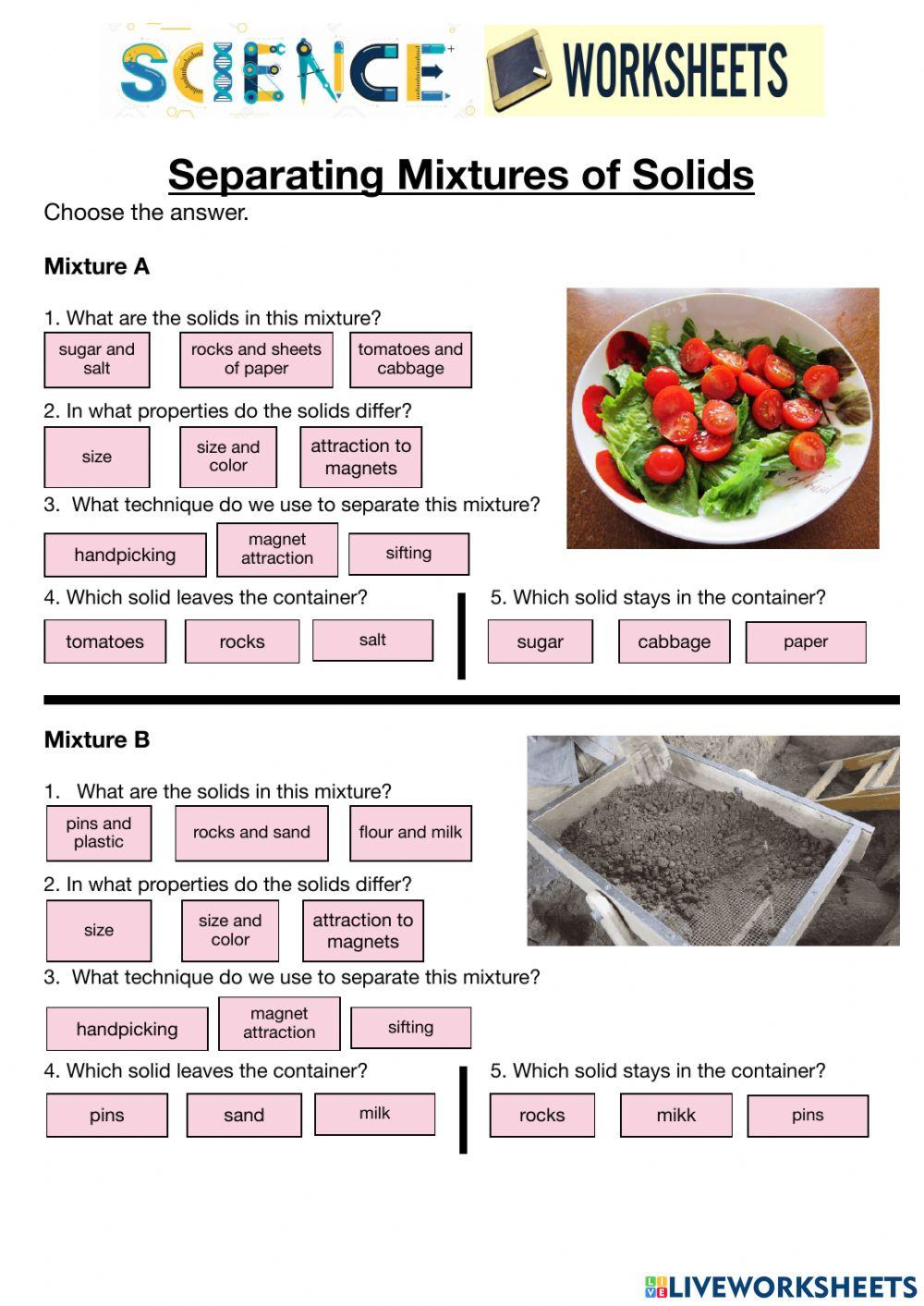 Separating Solid Mixtures online exercise for Live Worksheets