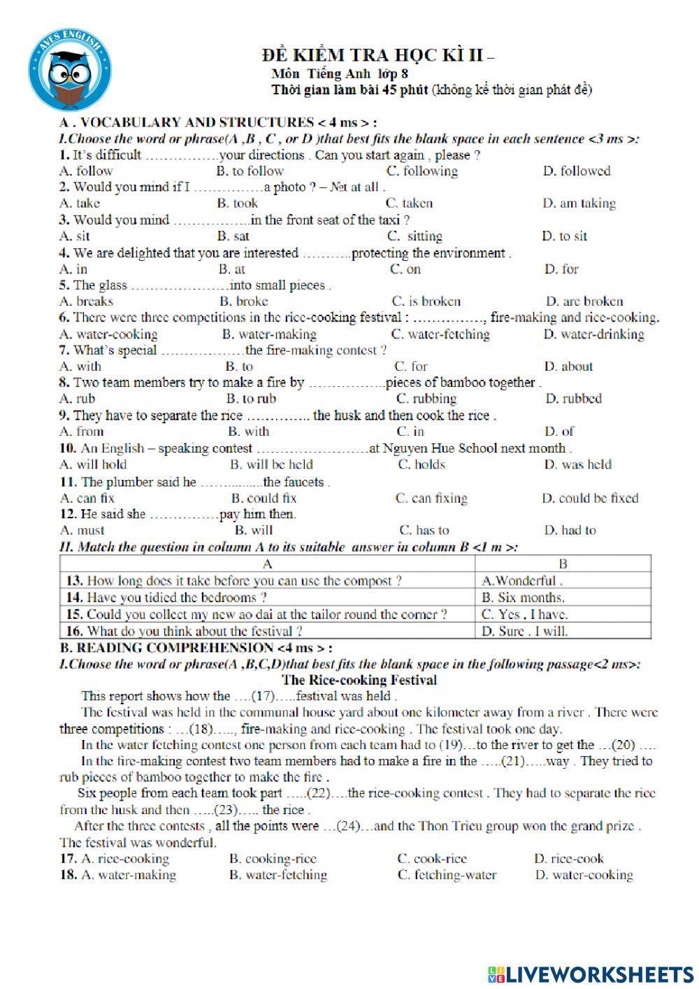 Đề thi học kỳ 2 -Anh 8