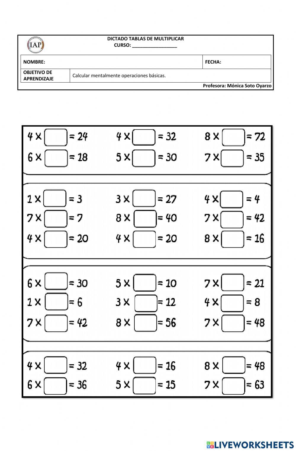 Dictado n°1 tablas  de multiplicar