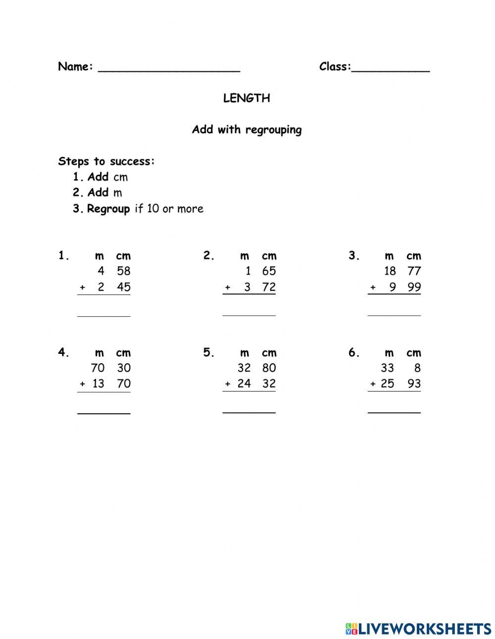 Addition of Length in m and cm with regrouping