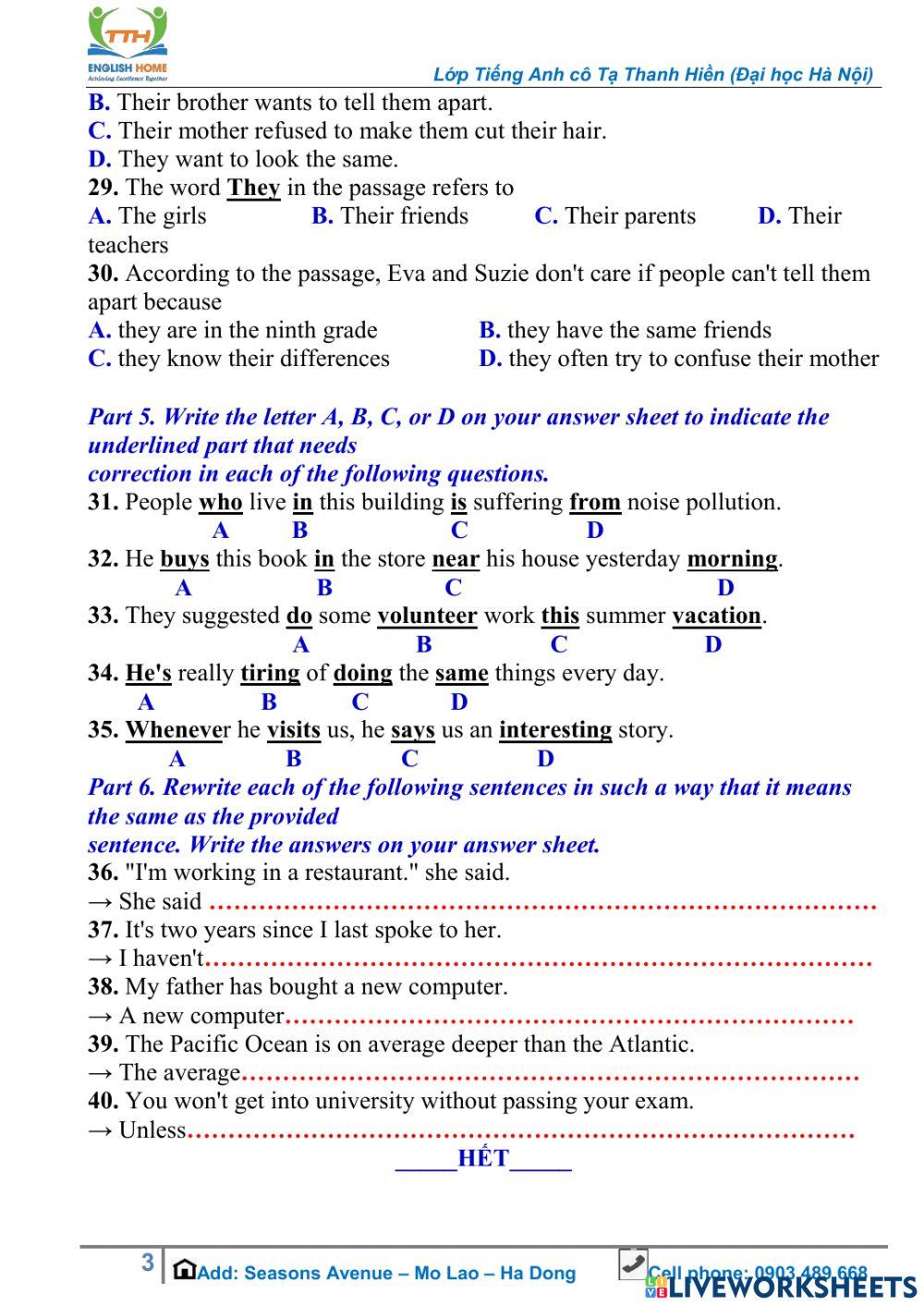 Grammar Test - Grade 9