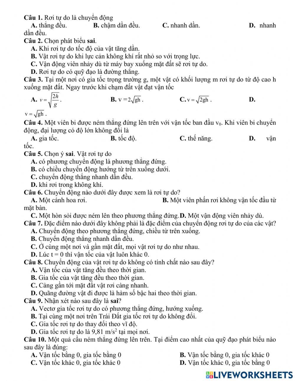 Year 10 sự rơi tự do