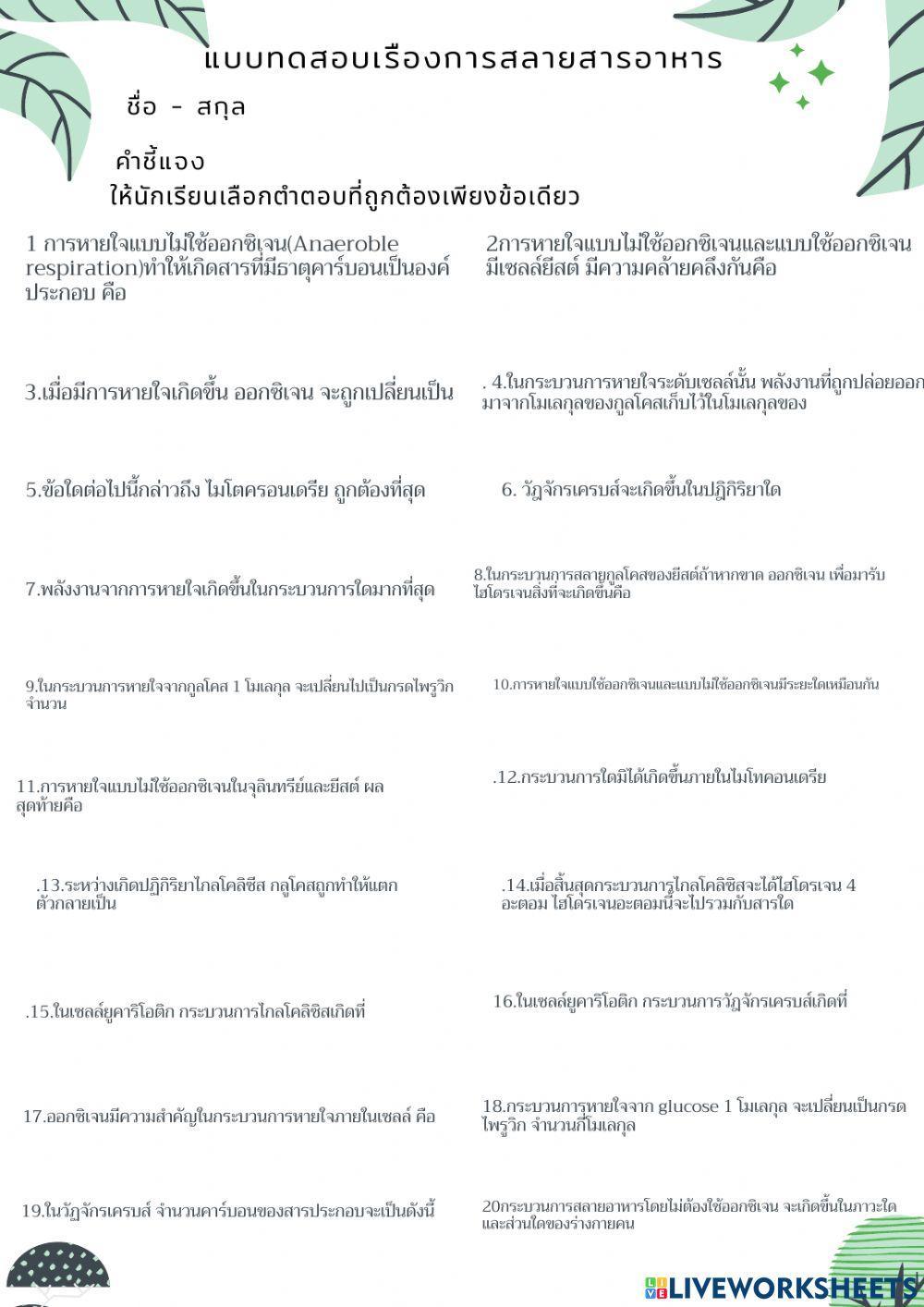 แบบฝึกกิจกรรมเรื่องการสลายสารอาหารชุดที่1