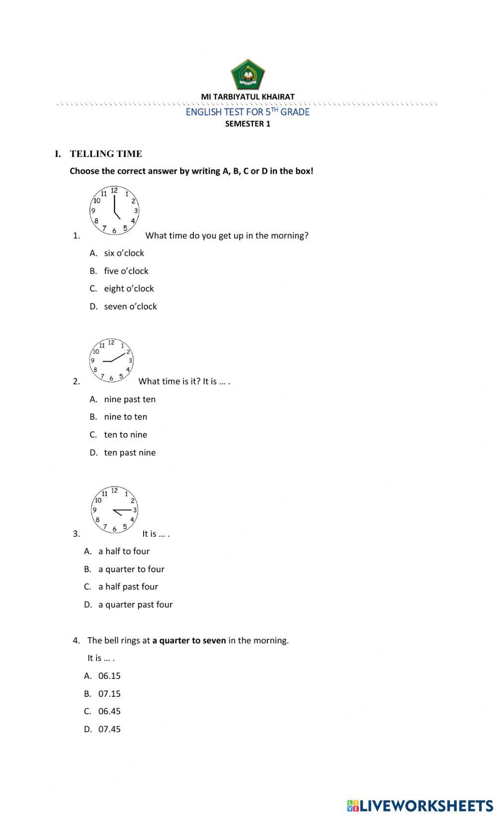 English test 5 -Telling Time & Giving Help and Response-