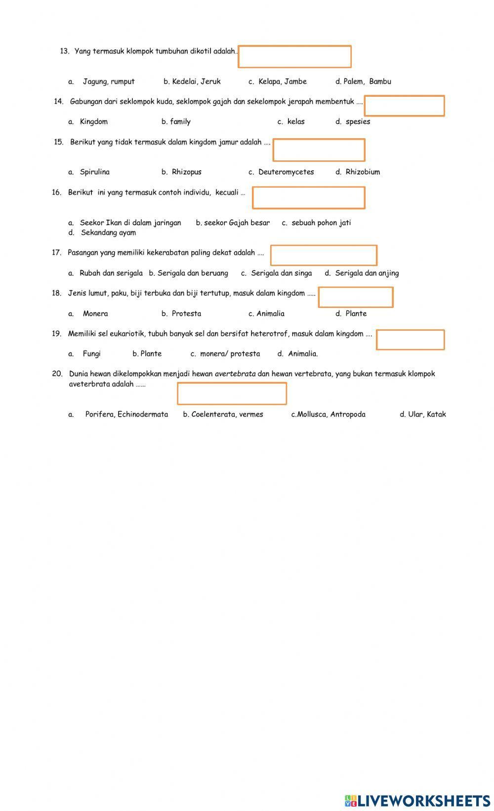 Ulangan Harian Klasifikasi Makhluk Hidup