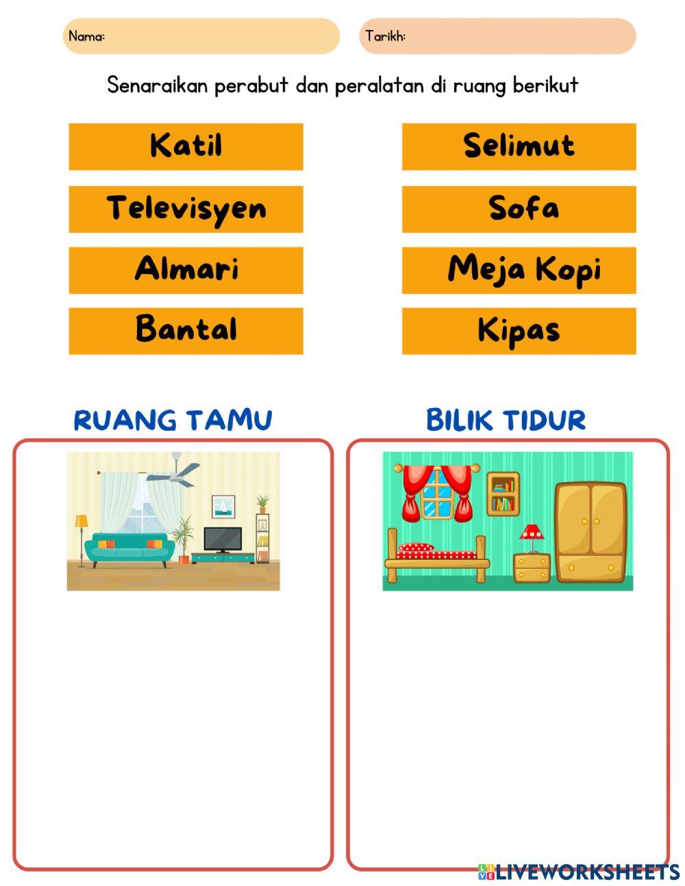 Senarai perabut dan alatan di ruang tamu dan bilik tidur worksheet