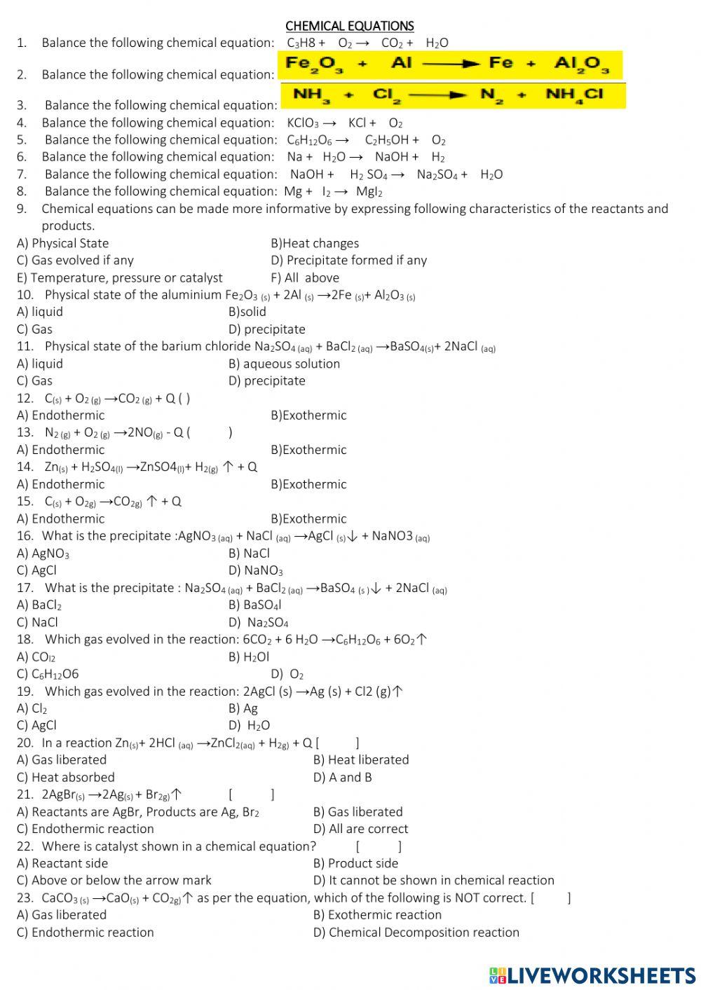 Parts Of A Chemical Equation Worksheet