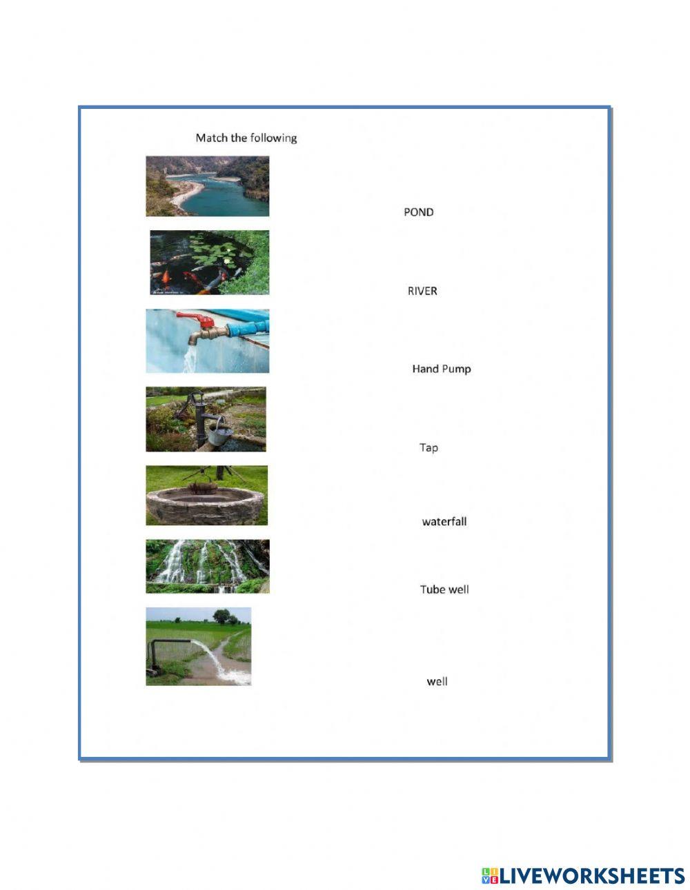 Sources of water activity for ukg live worksheets