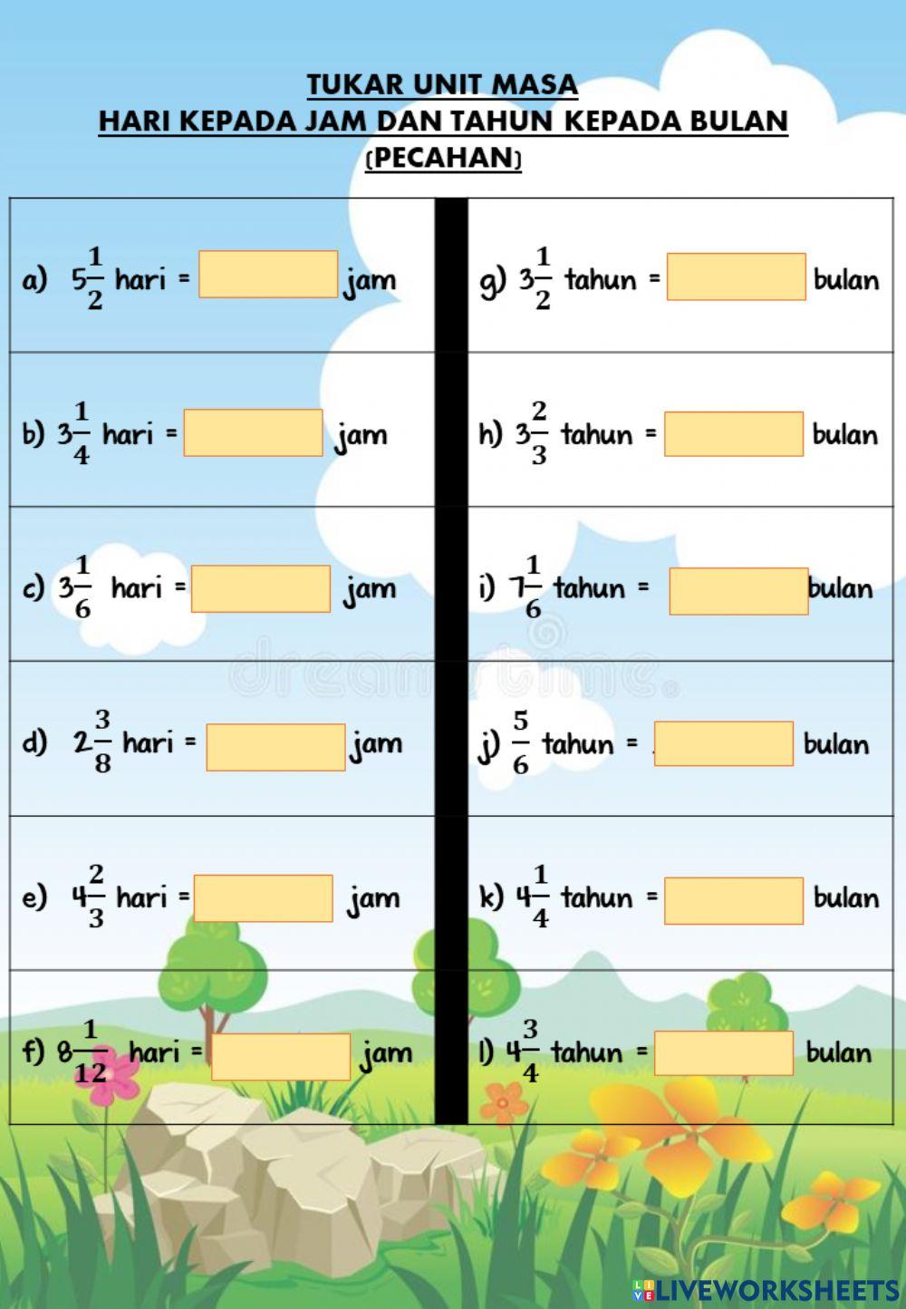 Tukar masa - Hari ke Jam dan Tahun ke Bulan (pecahan)