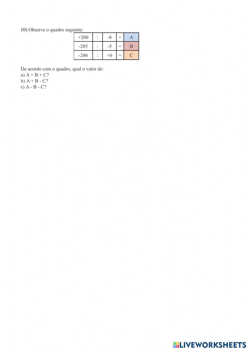 Operações e representação dos números inteiros worksheet | Live Worksheets