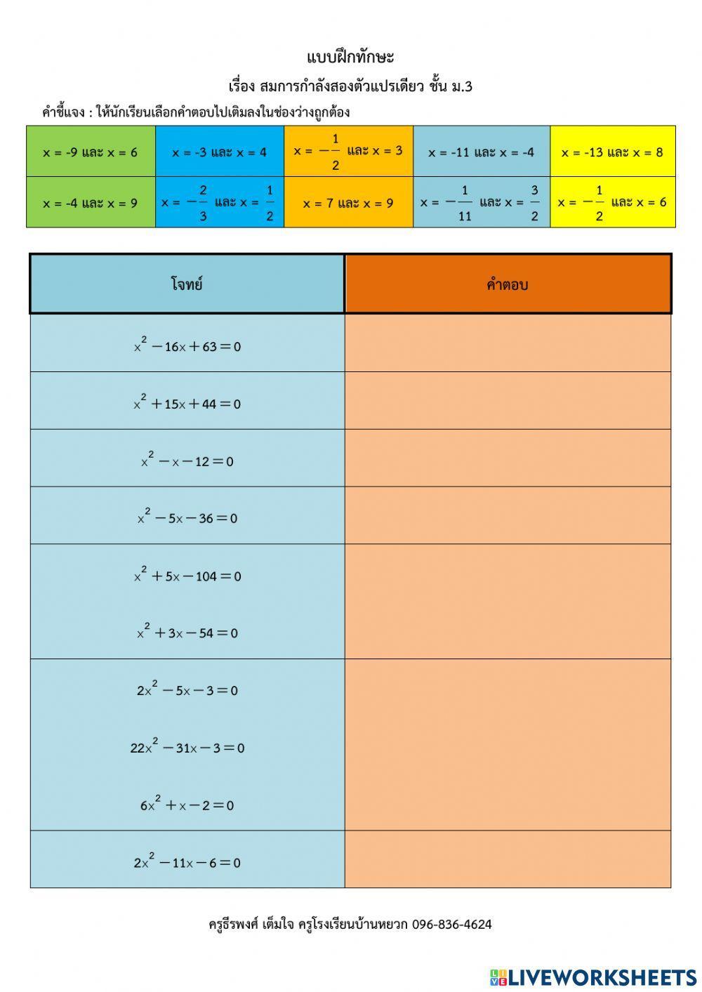 สมการกำลังสองตัวแปรเดียว ม.3