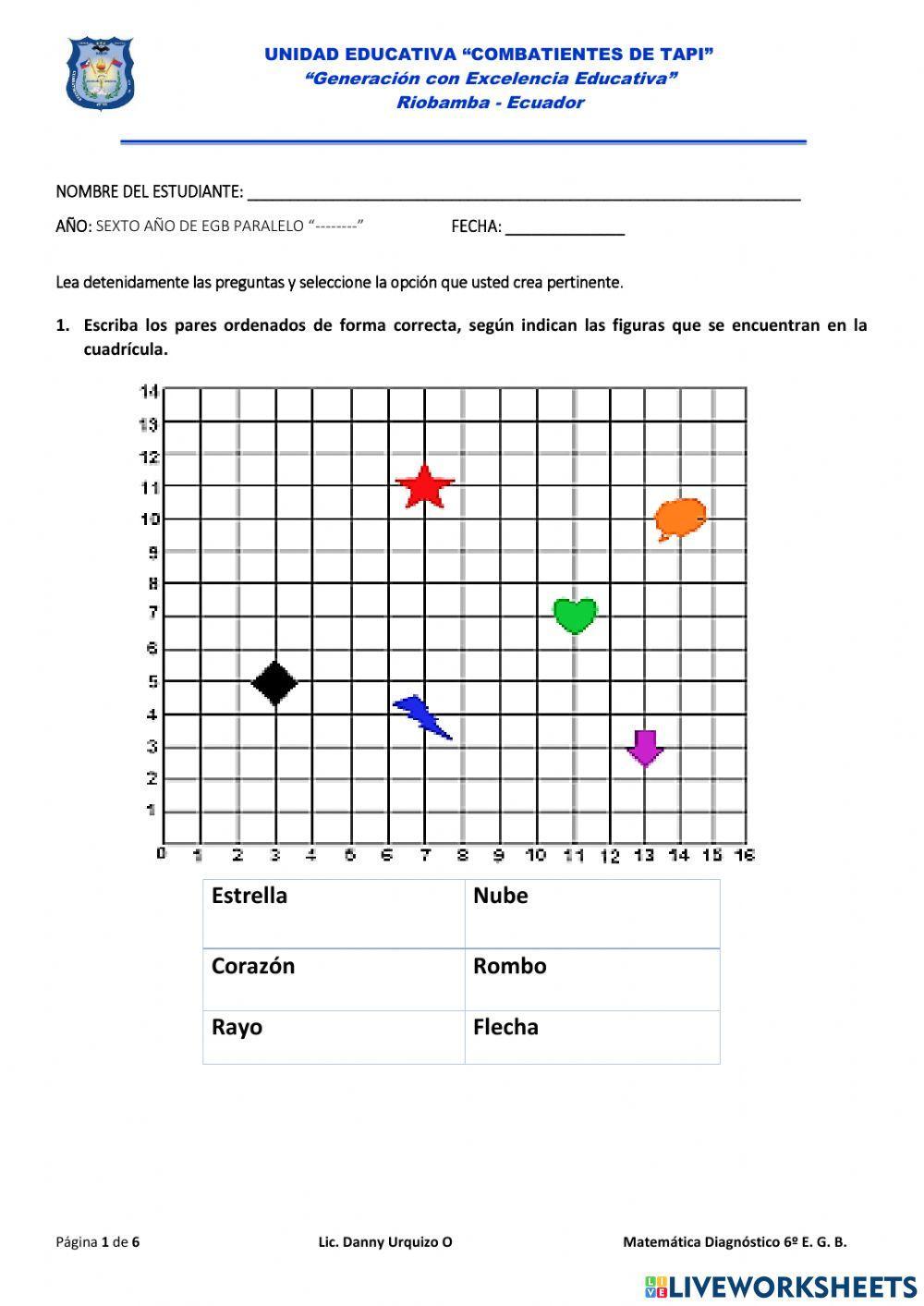 Matemática diagnóstico 5to EGB Ecuador