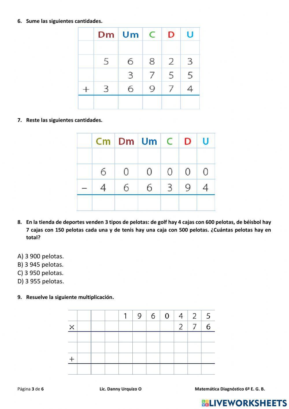 Matemática diagnóstico 5to EGB Ecuador