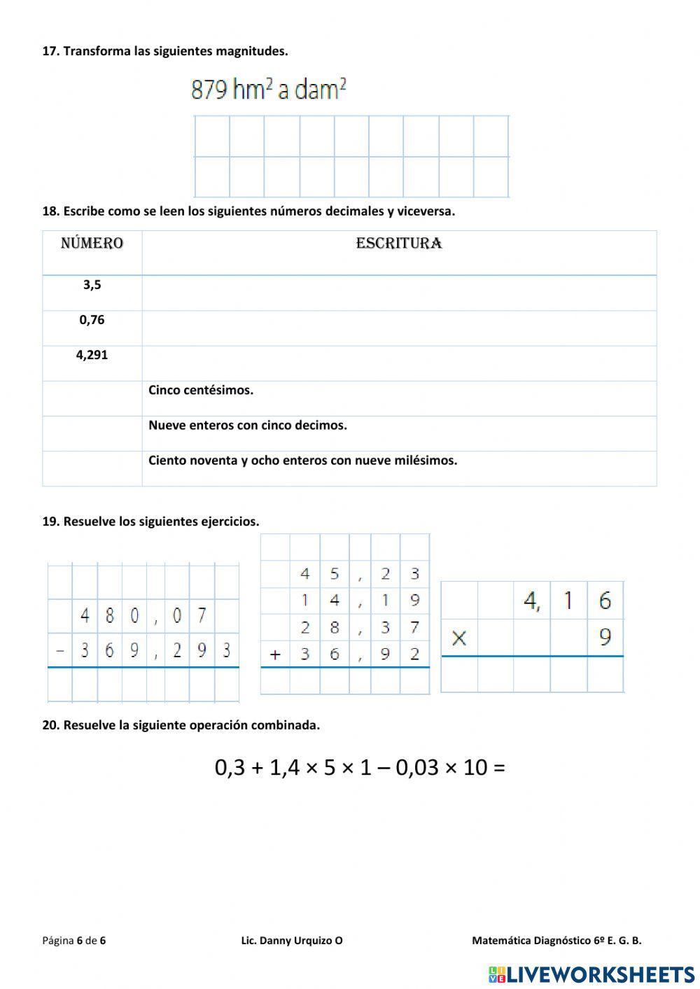 Matemática diagnóstico 5to EGB Ecuador