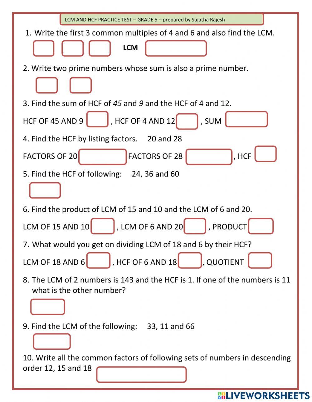 Lcm And Hcf Worksheet Grade 8