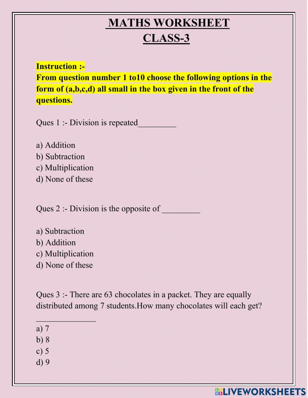 Maths Worksheet -3rd