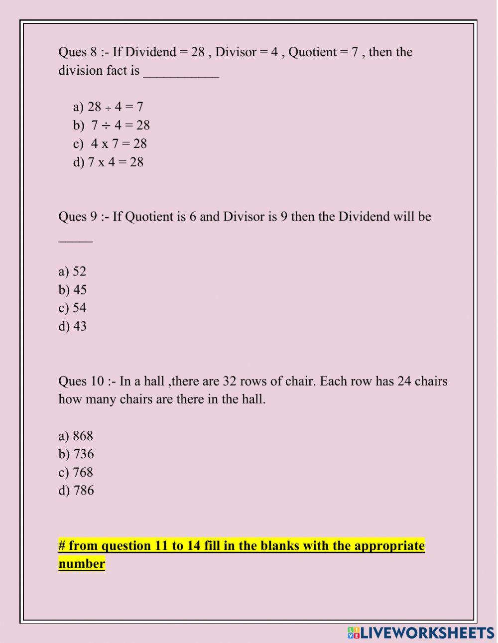 Maths Worksheet -3rd