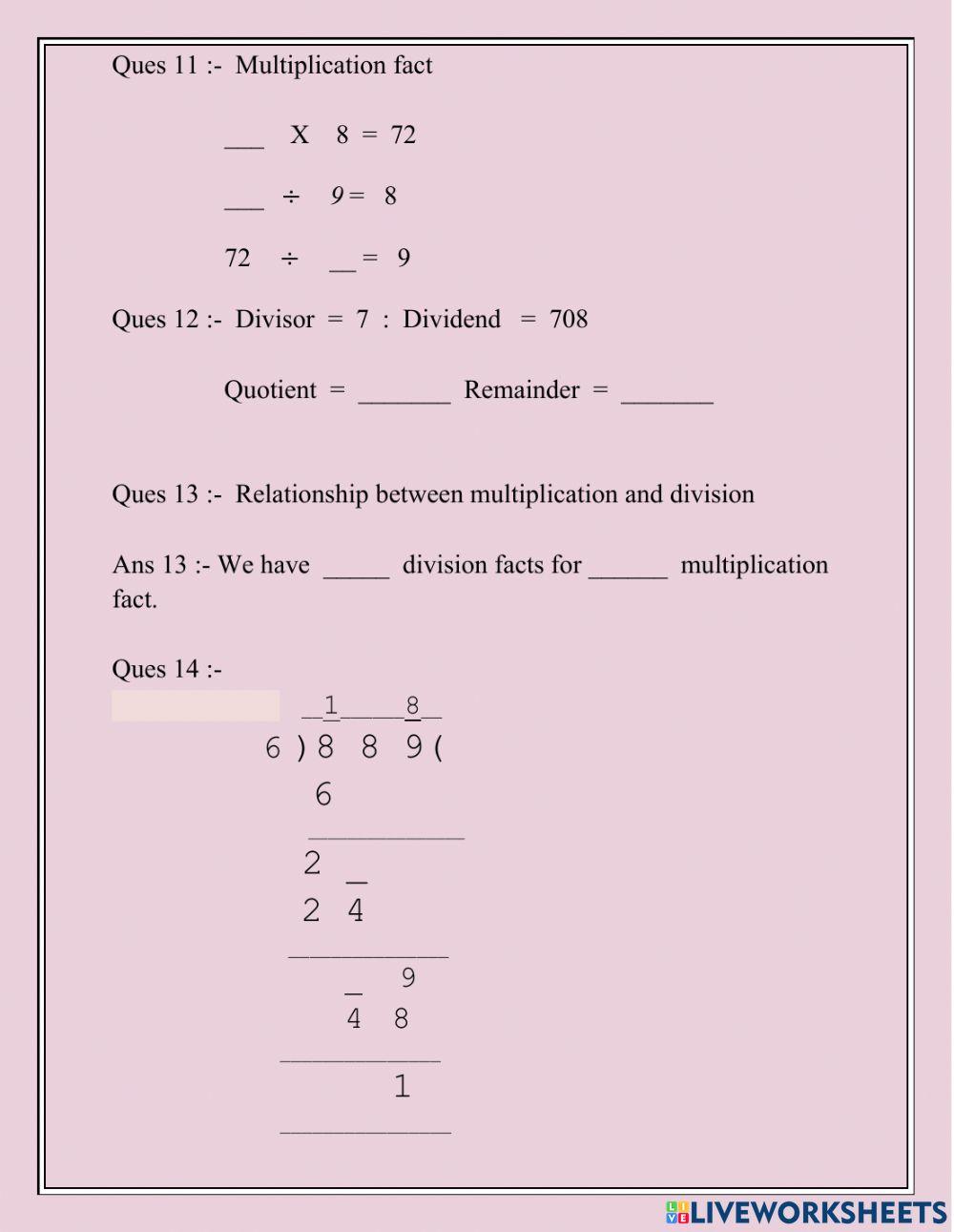 Maths Worksheet -3rd