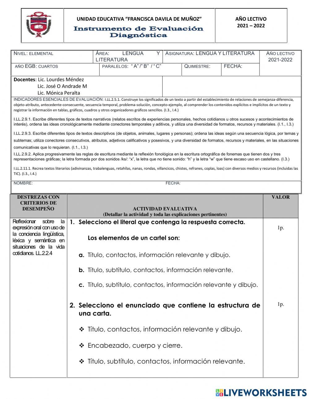 Evaluacion diganostica LENGUAJE