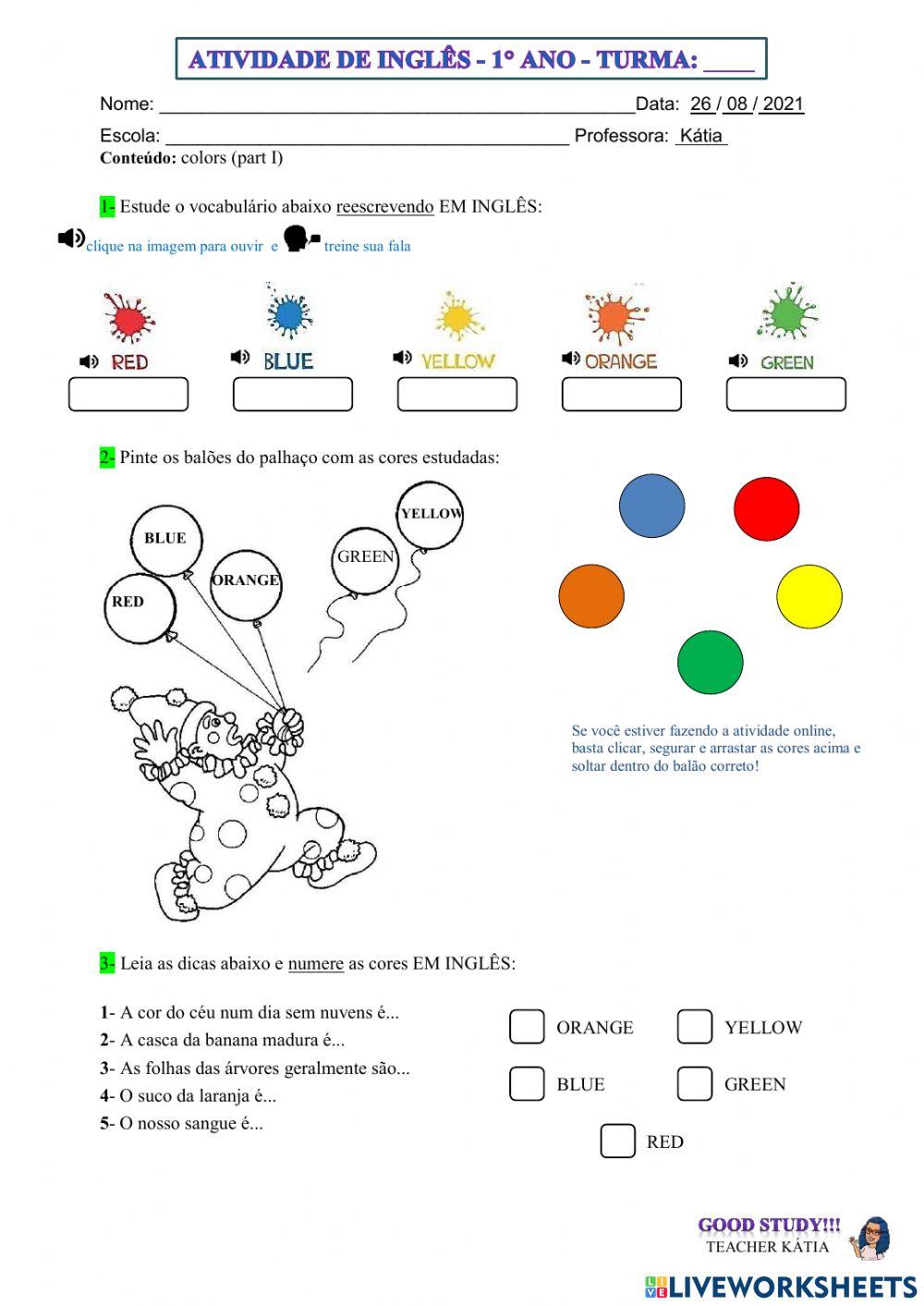 1° ano - INGLÊS - COLORS- 26-08-21