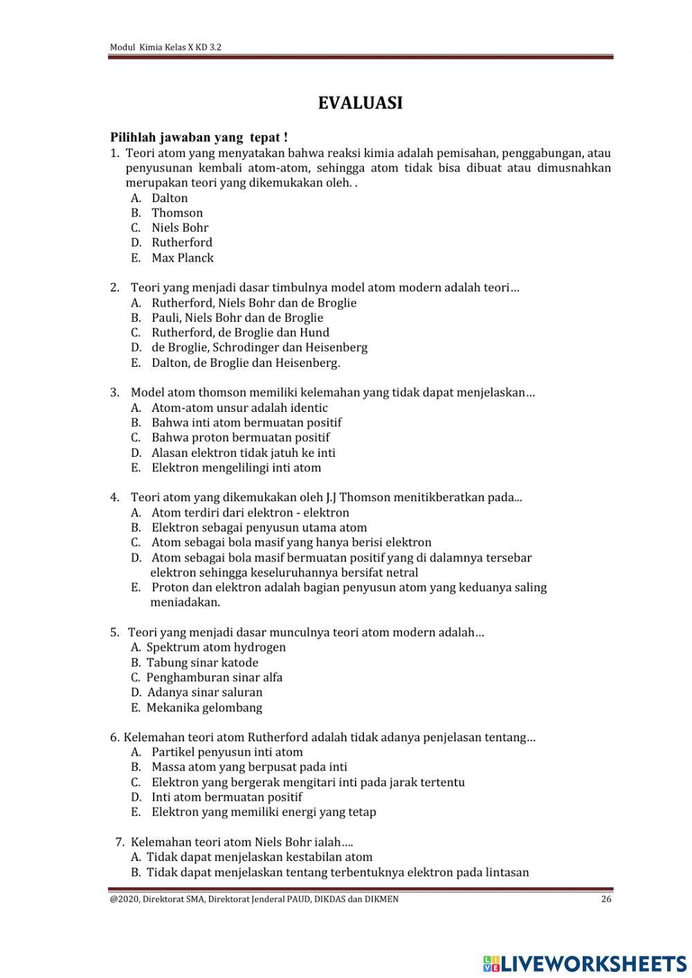 Latihan Kimia KD 3.2 Kelas X