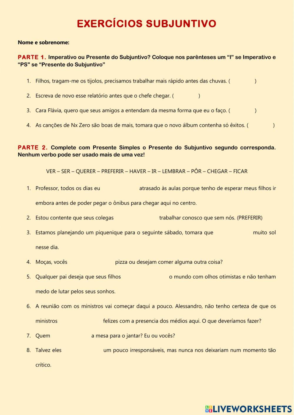 Exercícios Presente do Subjuntivo