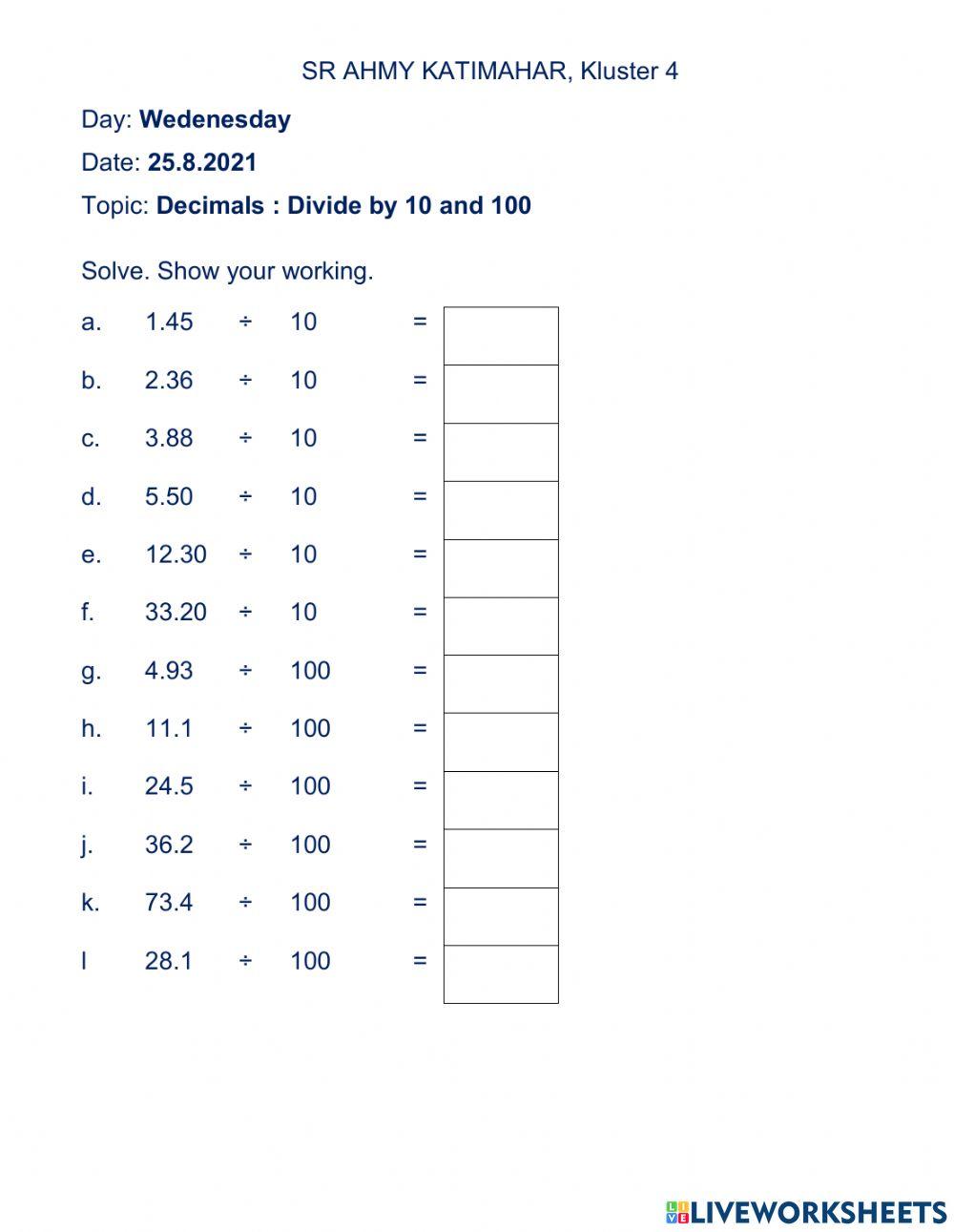 Decimals: divide by 10 and 100
