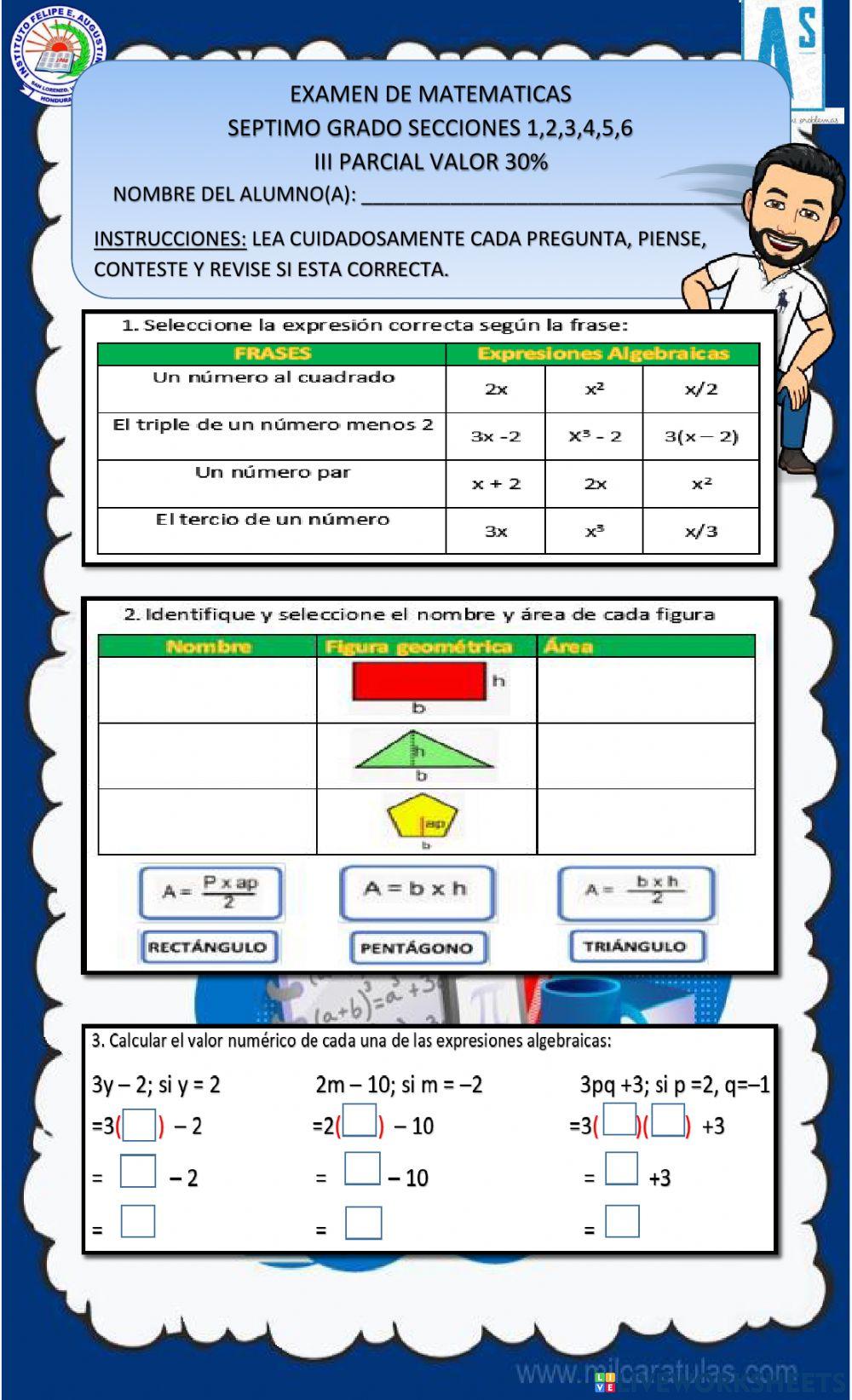 Examen de Matemáticas 7mo. III Parcial