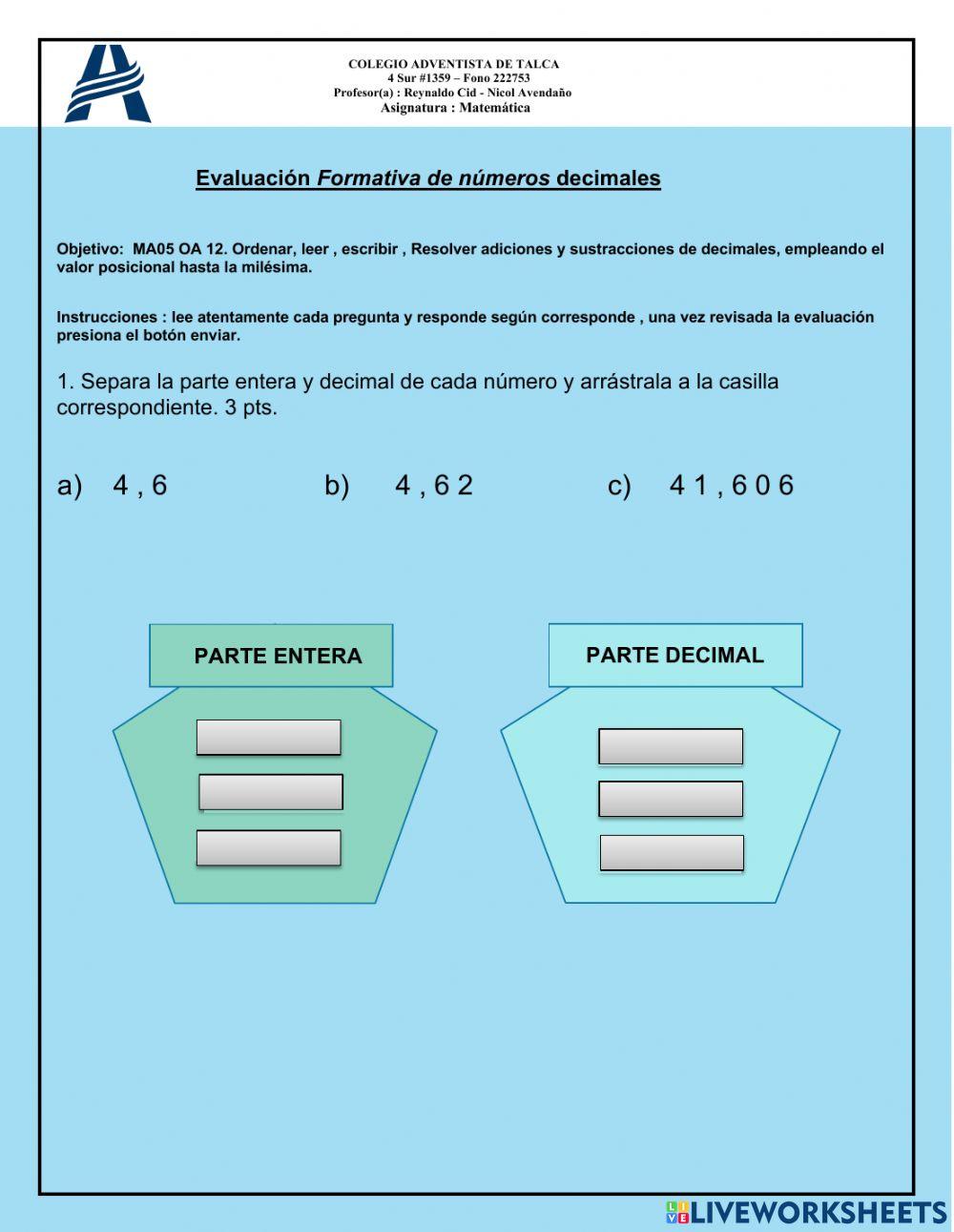 Evaluación formativa decimales