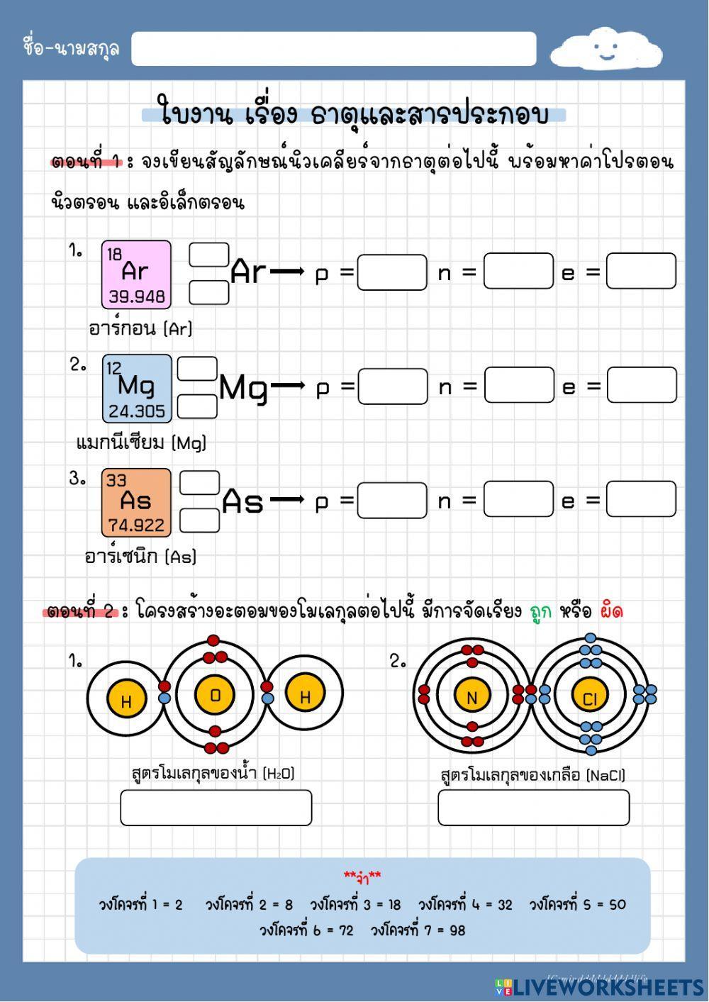 ใบงาน เรื่อง ธาตุและสารประกอบ