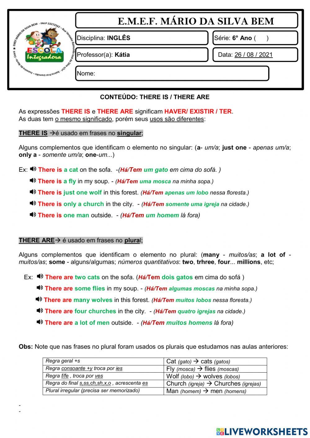 6° ano - INGLÊS - there is-there are -26-08-21
