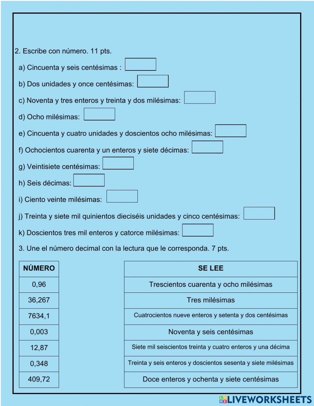 Evaluación decimales 5º