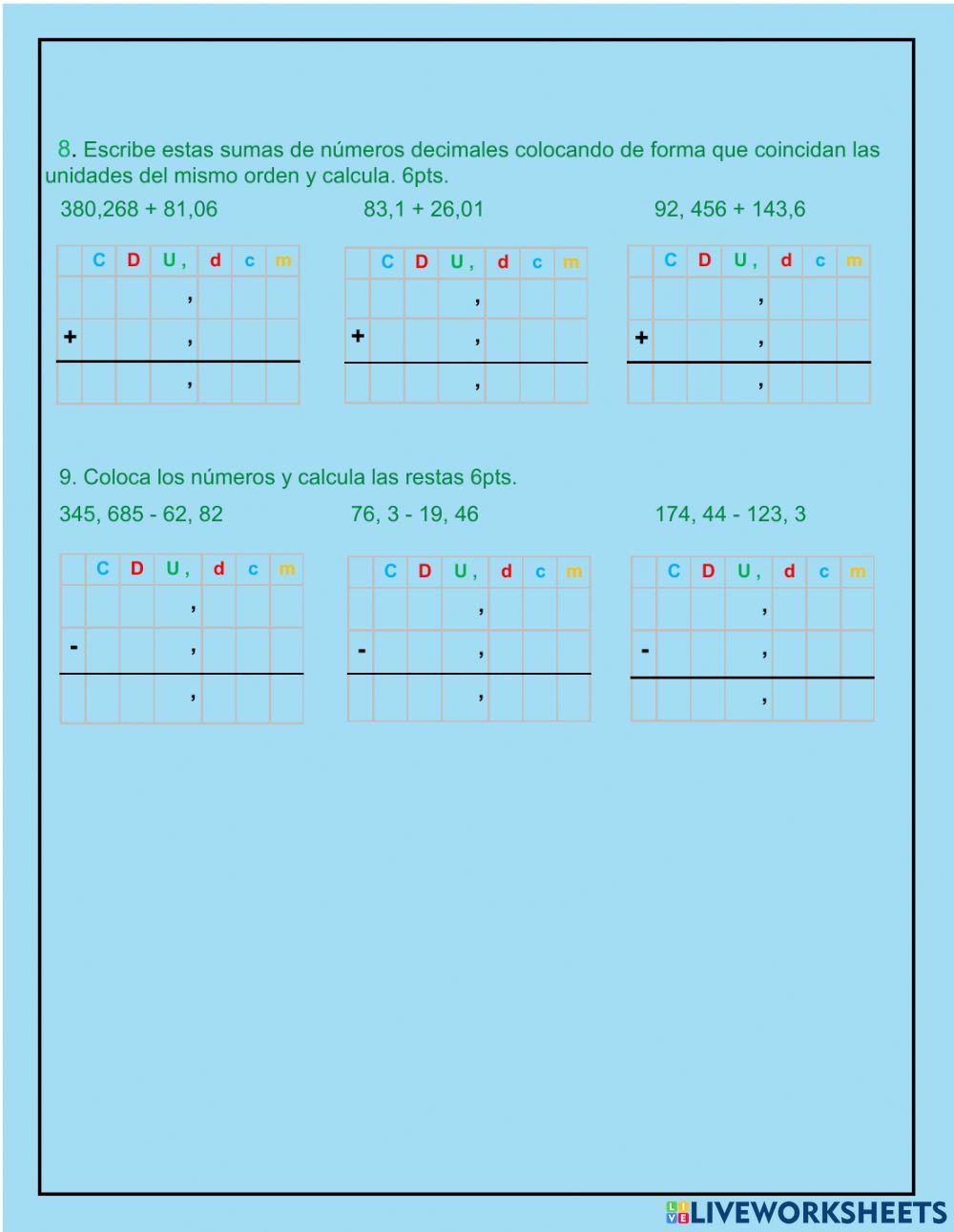 Evaluación decimales 5º