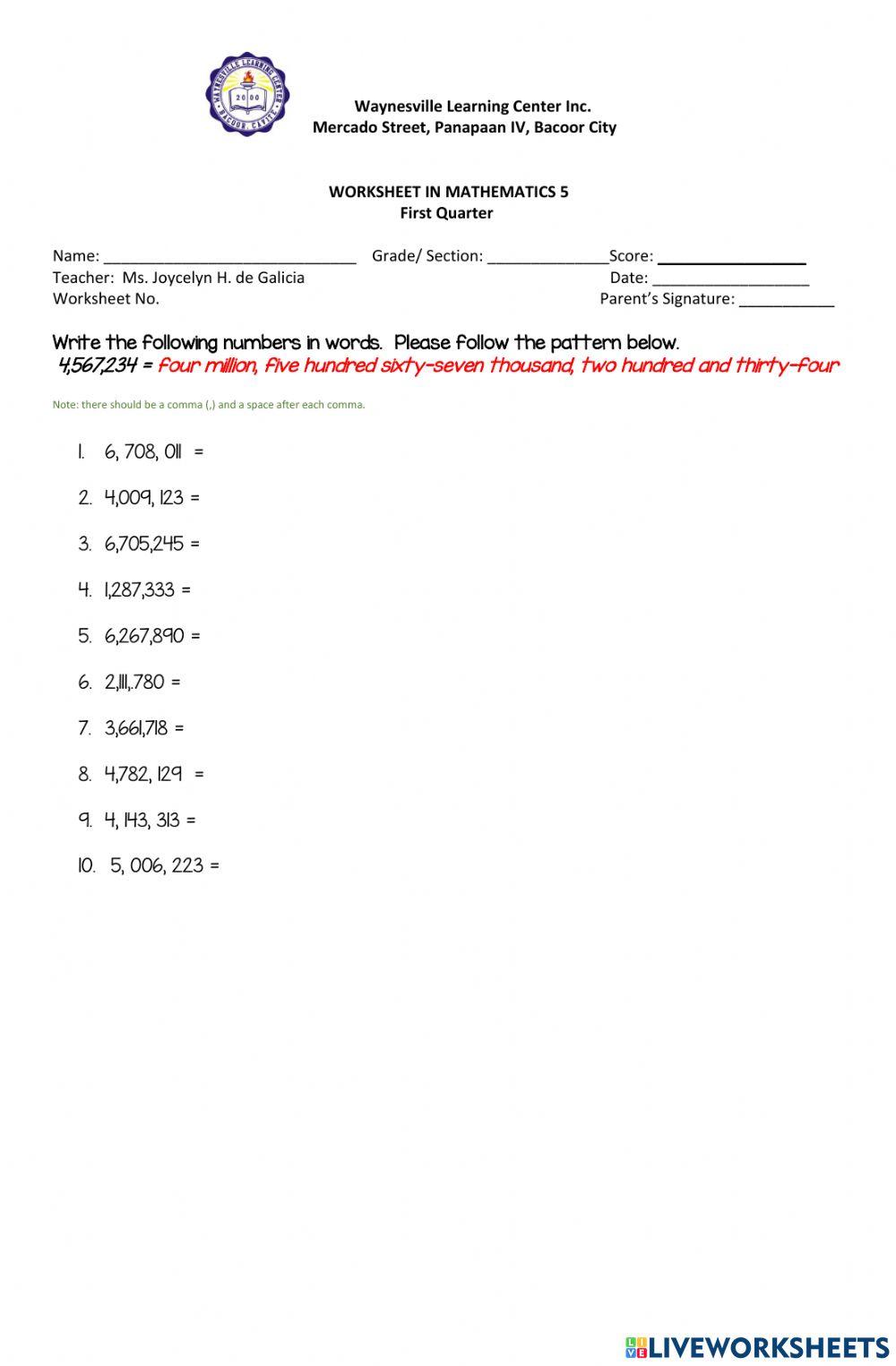 Number names to million