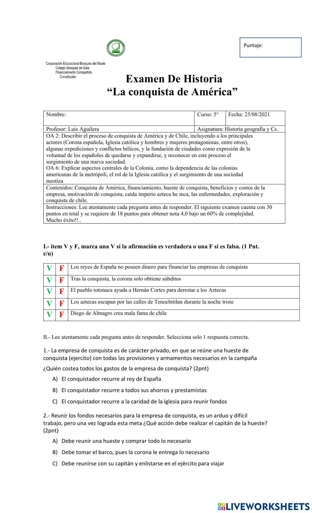 Examen conquista de américa