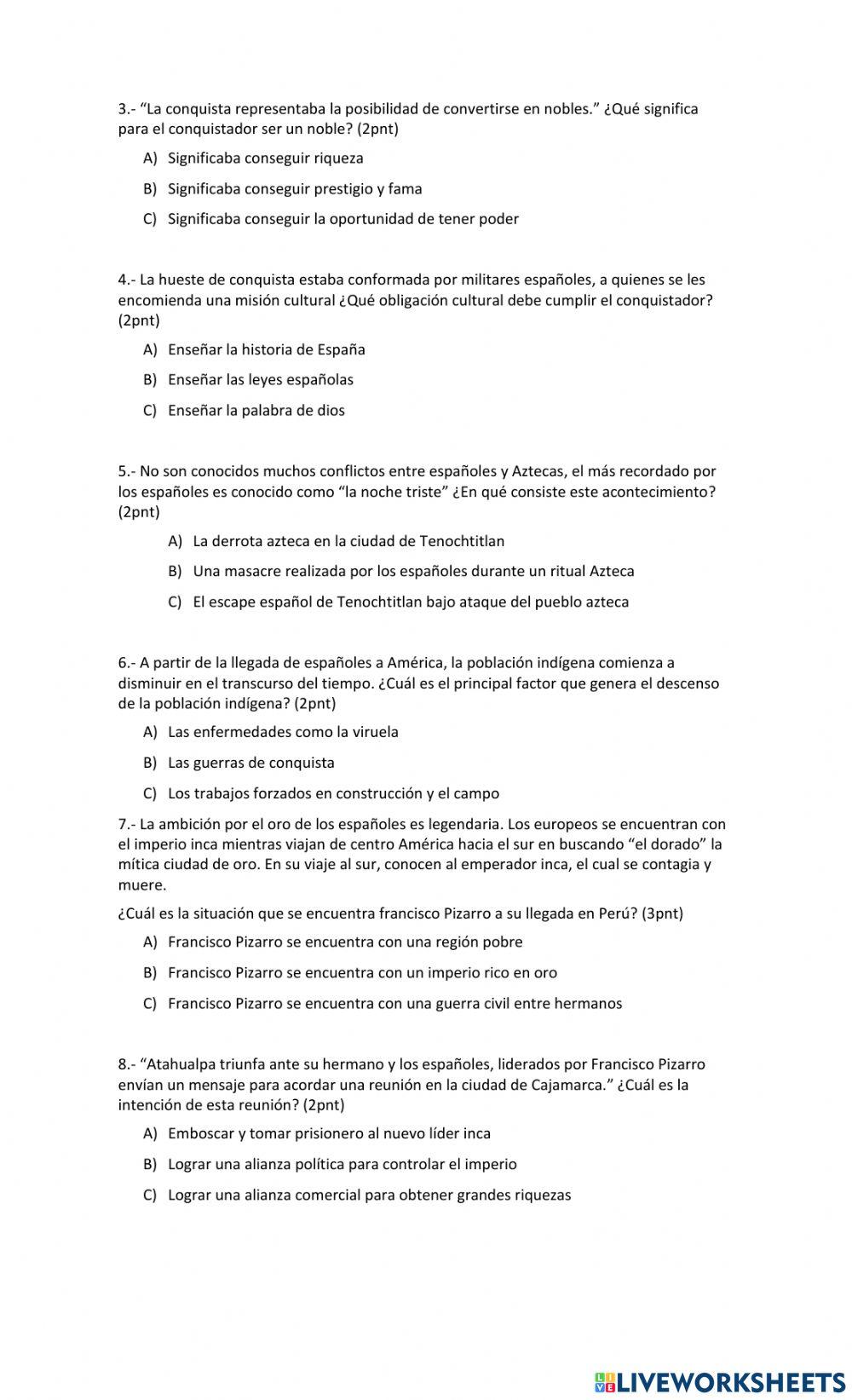 Examen conquista de américa