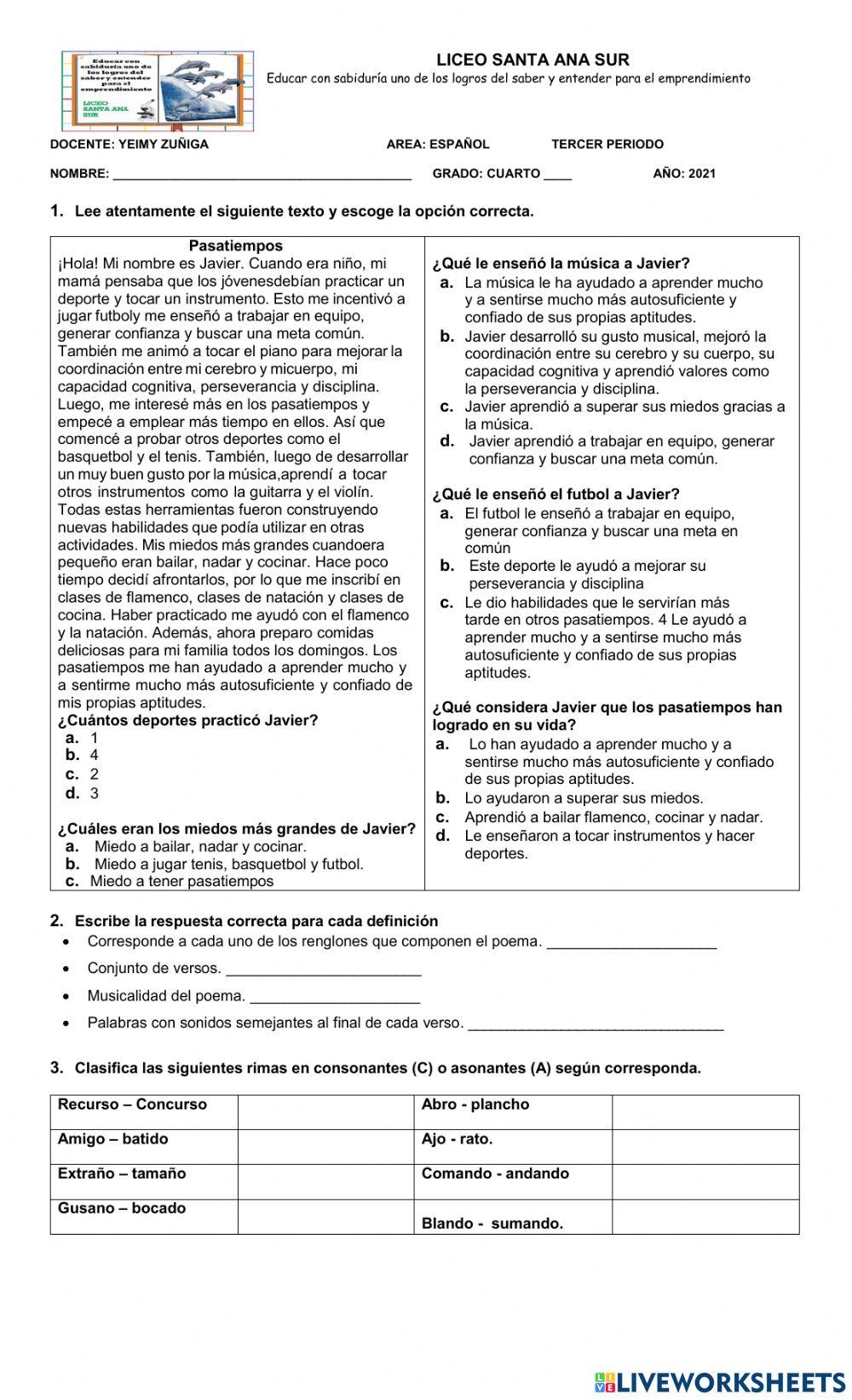 Bimestral grado cuarto - Tercer bimestre