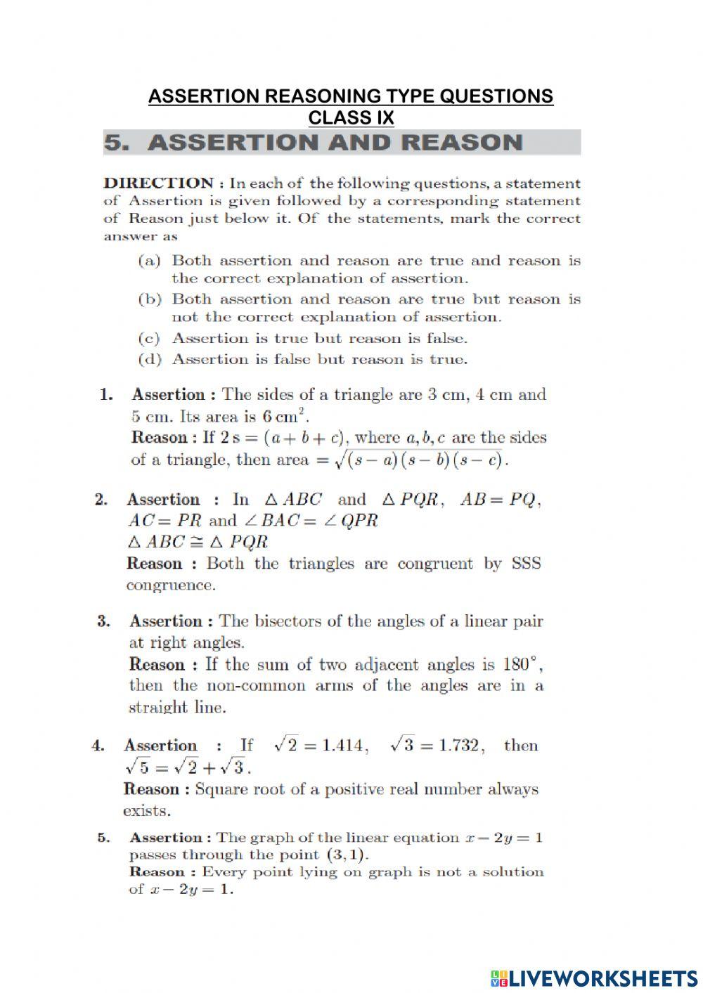 REVISION ASSERTION REASONING CLASS IX