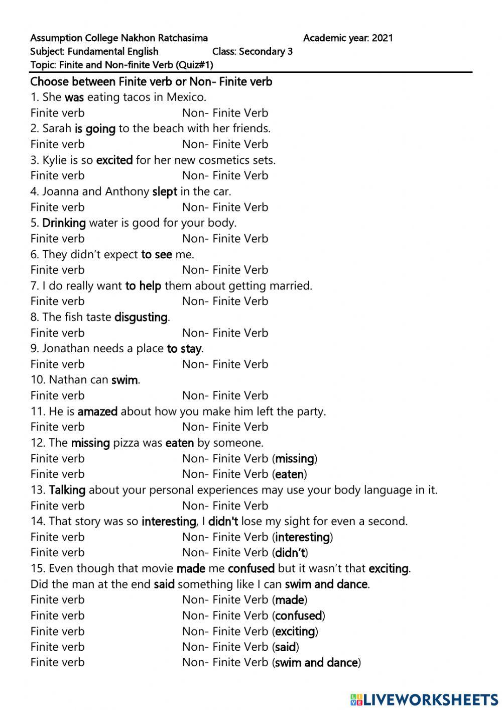 Quiz 1 finie and non finite verb online exercise for live worksheets