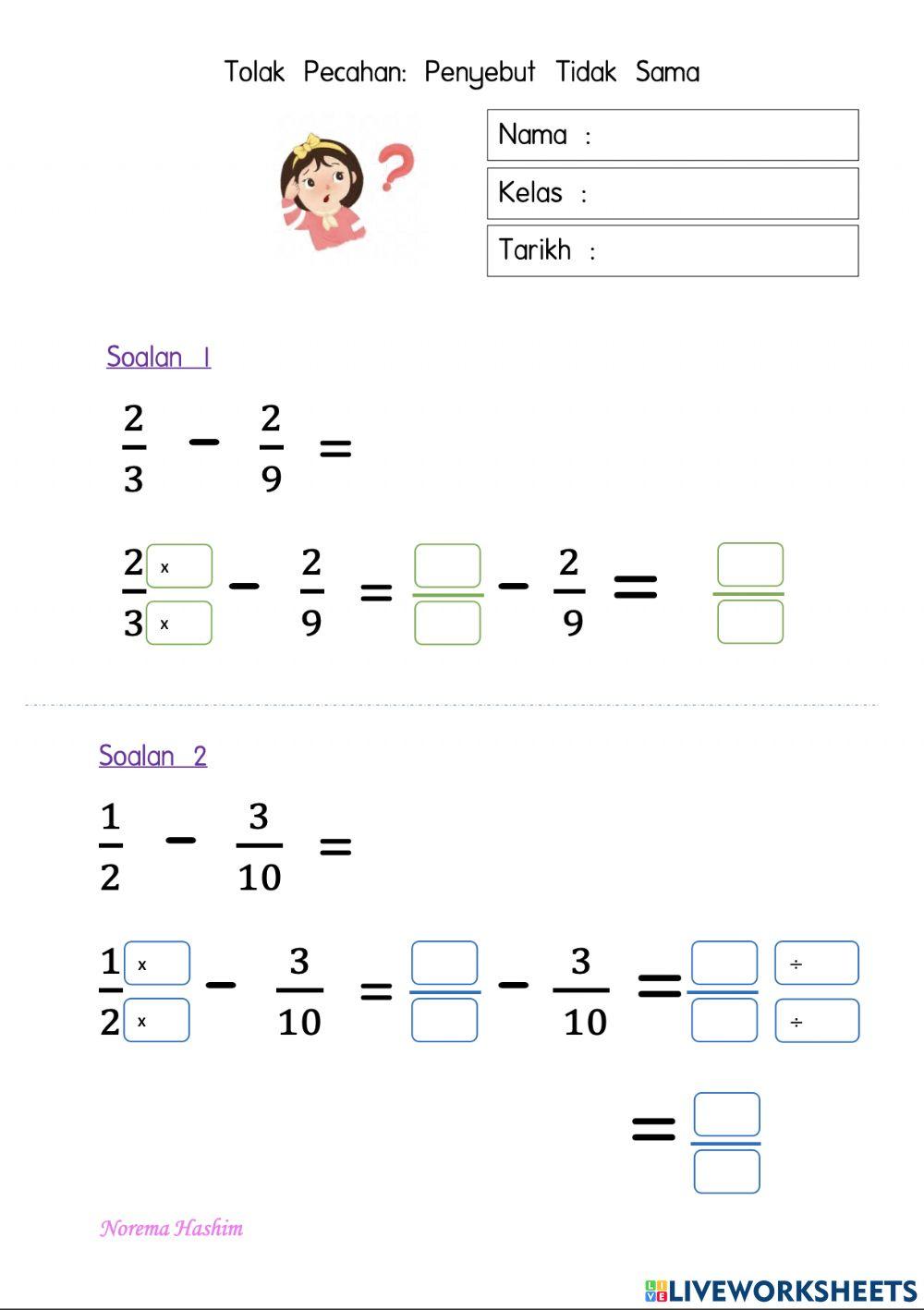 Matematik Tahun 3:Tolak Pecahan Penyebut Tidak Sama