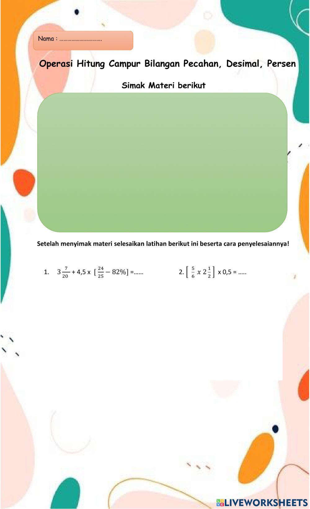 Hitung Campur Pecahan, desimal, persen