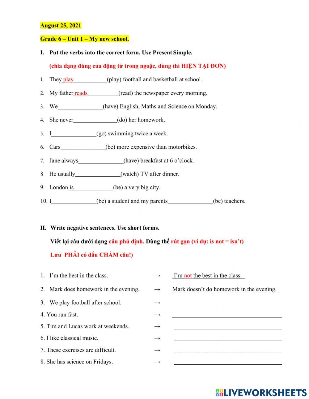 MLH6 - Unit 1 - My new school - BVII-BVIII